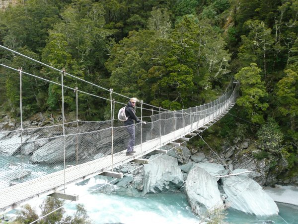 Crossing a swing bridge in gale force winds, Rob Roy Glacier walk