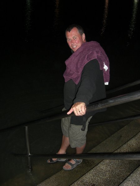 I'm grinning but I'm not going in.  Dar declares the water is too cold for a moonlit dip