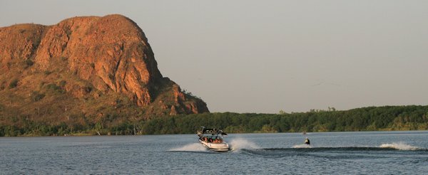Water skiing in front of Elephant Rock