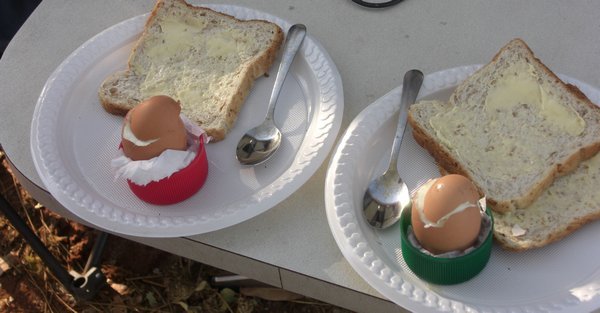 Eggs for breakfast with makeshift egg cups