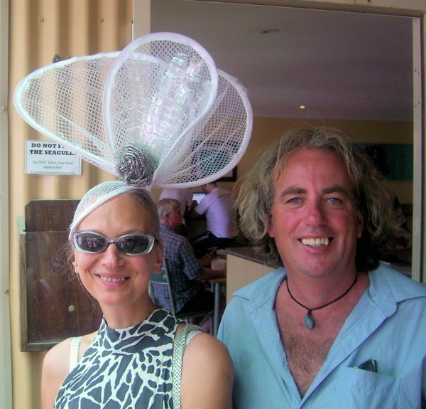 Mark with the creative lady and her hat!  It was made from a laundry basket, scourer and plastic bottle!