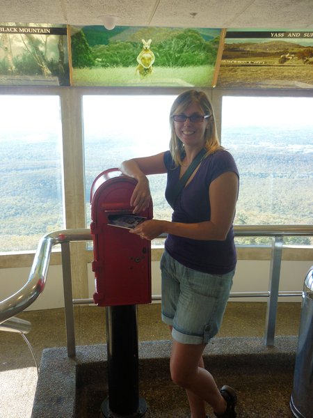 Posting the card in the Telstra Tower!  Let's hope it gets back to Box Hill!