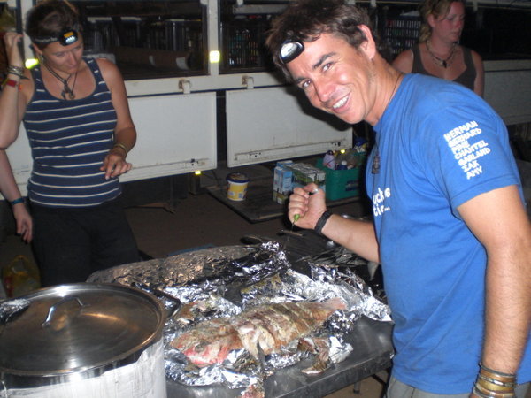 Fresh Snapper for dinner (Amy and Zak in the kitchen) - Tanzania