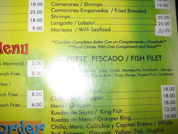 Costa Mia menu