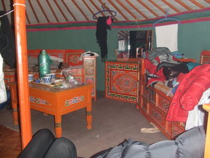the inside of our rather messy yurt