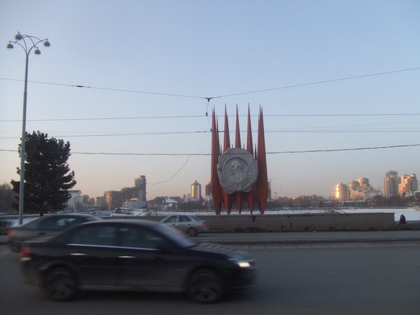 Lenin's monument on the bridge over the river