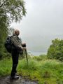 Harlan in mist looking thru break in trees at Loch Lomond