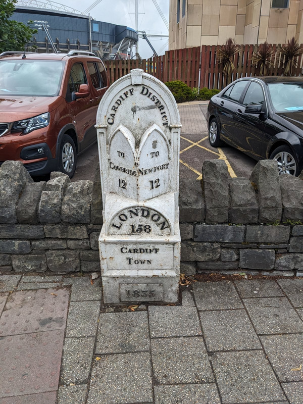 Mile marker near River bridge in Cardiff 