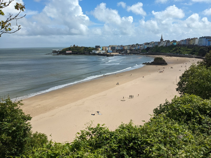 Tenby and the south beach with the harbor at the back.