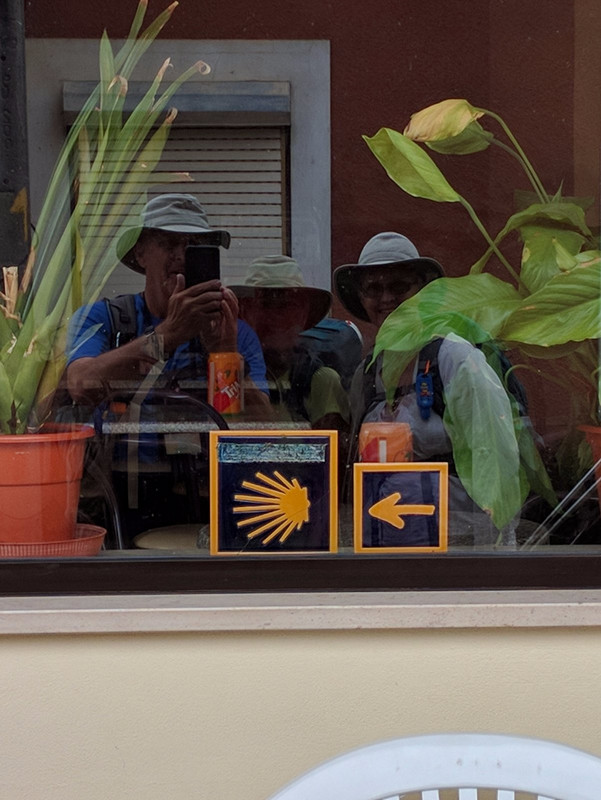 Camino signs in window provide reflection