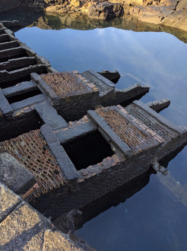 A paved path leads to this walled tank pond