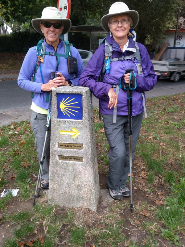 Jo and Karen at first Mile Post to Fisterre and Muxia