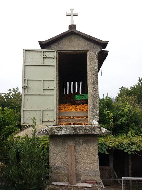 The door is open so we can see them filling this horreo with corn