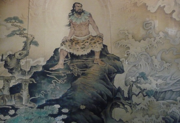 Fuxi op een grote wandschildering over zijn leven en prestaties.