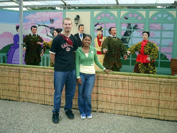 Dave & I posing with statues made of flowers and leaves at Nagoya Castle