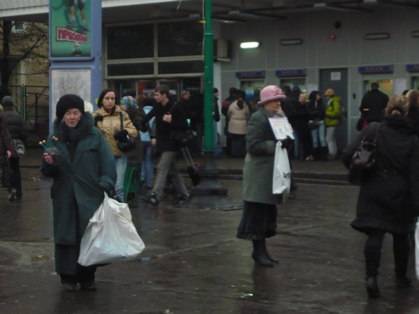 Babushkas selling stuff outside Rechnoy Vokzal station in the outskirts