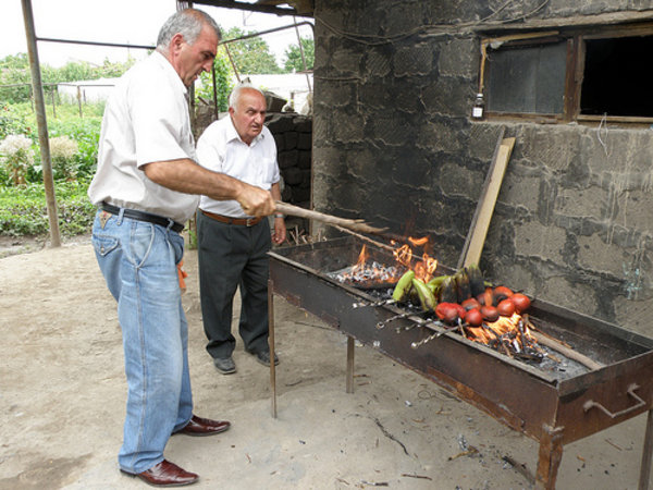 Edo making Shashlik, near Echmiadzin, Armenia