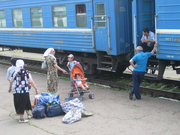Passengers waiting to get on their train, northern Kazakhstan