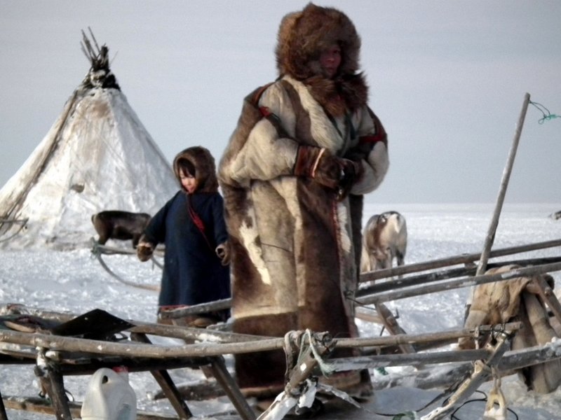 Nenets child and grandmother by reindeer sledge outside chum, Yamal Peninsula