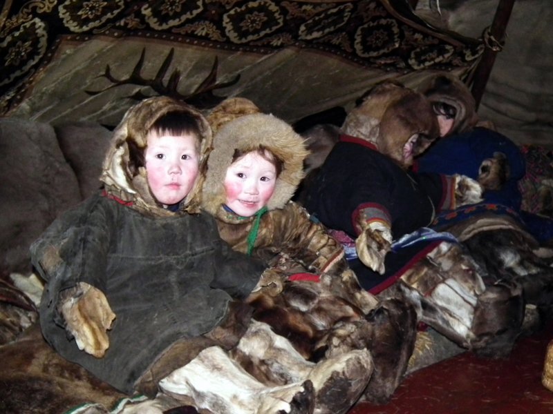 Nenets children inside a chum, Yamal Peninsula