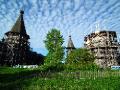Wooden churches and bell tower under restoration in Lyadiny, Arkhangelskaya Oblast