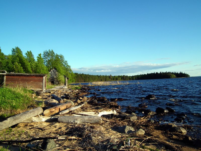 Disused fishery buildings on the shore of Lake Onega, Pyalma, Karelia