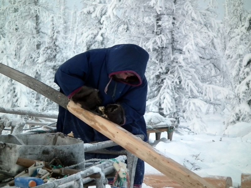 Achemboy, a Nenets man, making a sledge, Nadym Region, Siberia