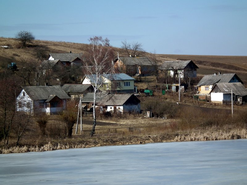Village on the shore of a frozen lake, near Lviv, Ukraine
