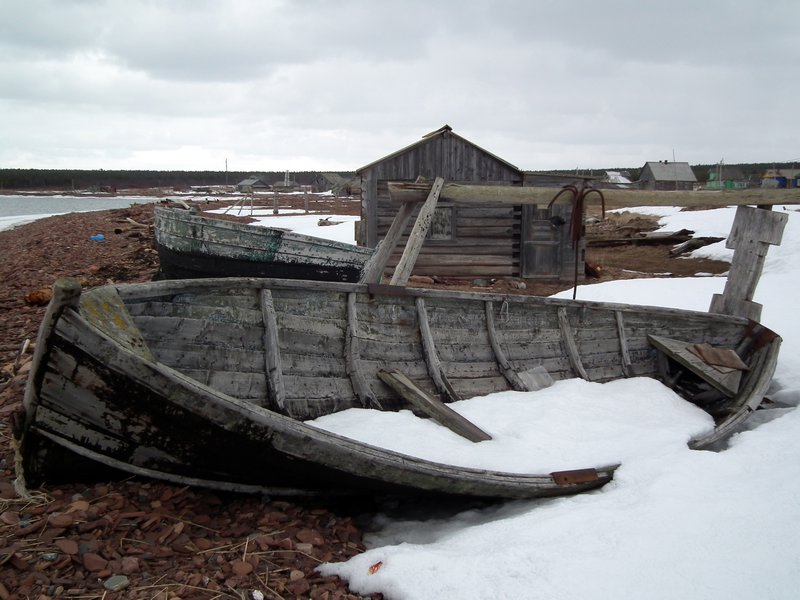 Boats in Kashkarantsy. a Tersky Coast village on the White Sea, Kola Peninsula, Arctic Russia