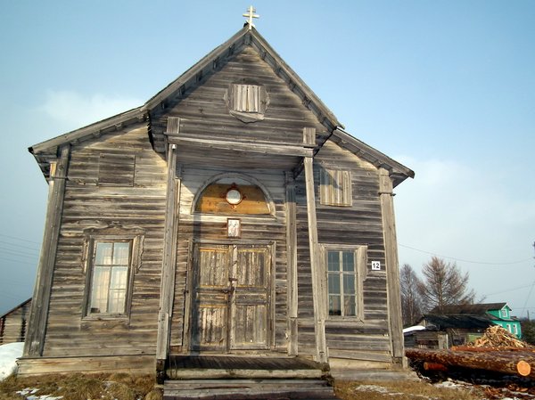 Wooden church in Varzuga on the White Sea's Tersky Coast, Kola Peninsula, Arctic Russia