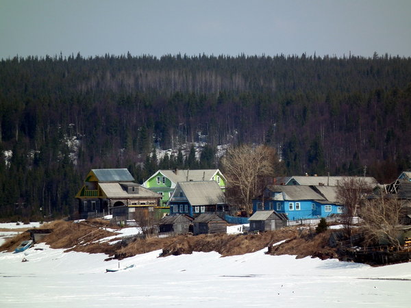 Houses in Varzuga on the White Sea's Tersky Coast, Kola Peninsula, Arctic Russia
