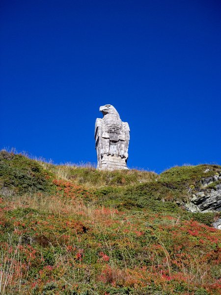 The big eagle stature at the summit of the Simplon Pass