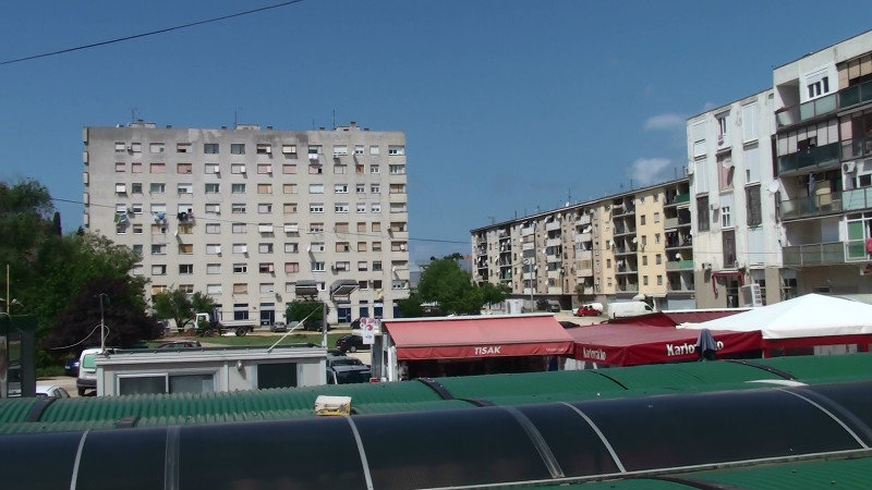 Socialist style buildings at the market