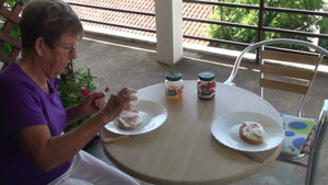 Breakfast of poached eggs and toast on the terrace