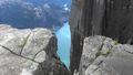 Crack in the rock and its 600 metres down to the fjord