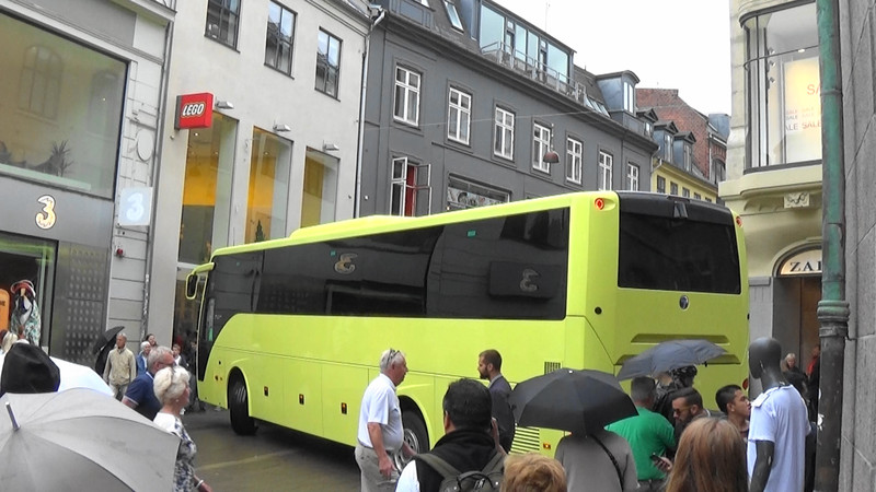 Tourist Bus 'lost' in pedestrian mall,Copenhagen