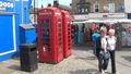 Well maintained red British telephone boxes,Otley.Plus Gretchen and cousin Rhona