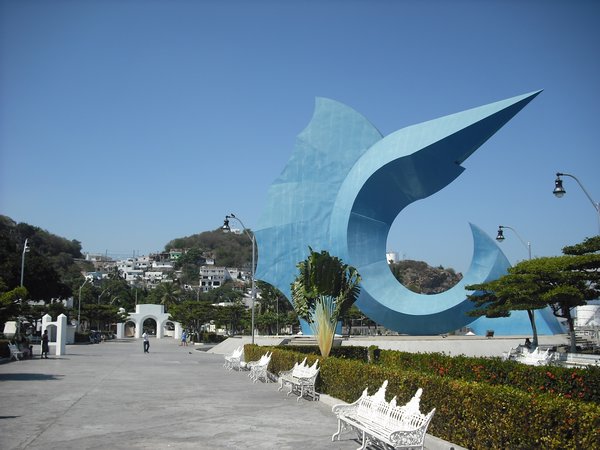 Zocalo: seafront plaza with the big blue swordfish the town is famous for