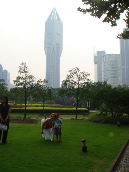In front of the Shanghai skyline in People's park