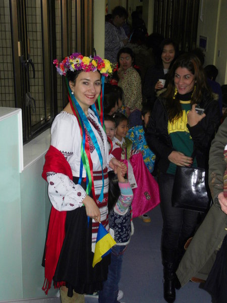 William's teacher in traditional Ukrainian dress