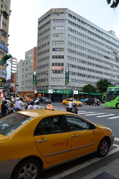 The yellow colored cabs overlooking our hotel in Taipei