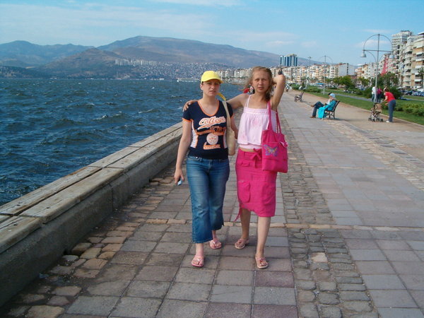 Fatma and I strolling down the beach