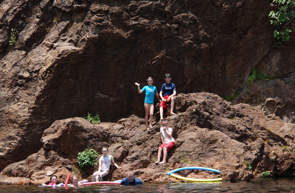 kids on the rock at Wangi Falls