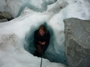 Daisy climbing out of the ice cave