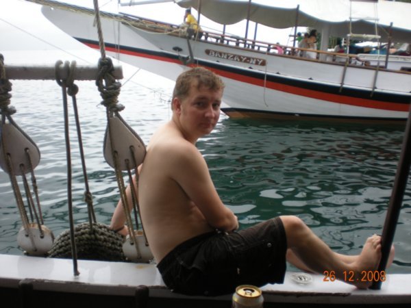 Matt waits for Chrissie to push him overboard