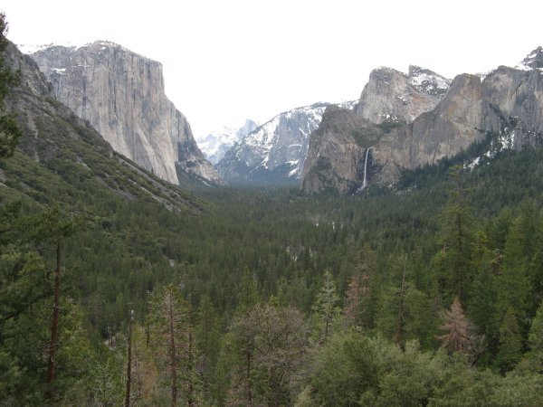 Valley view with El Capitano monolith and waterfall