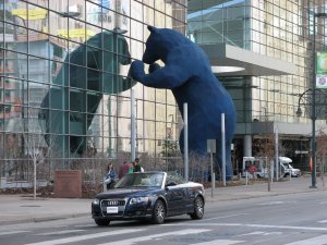 Blue Bear looking into the Convention Center