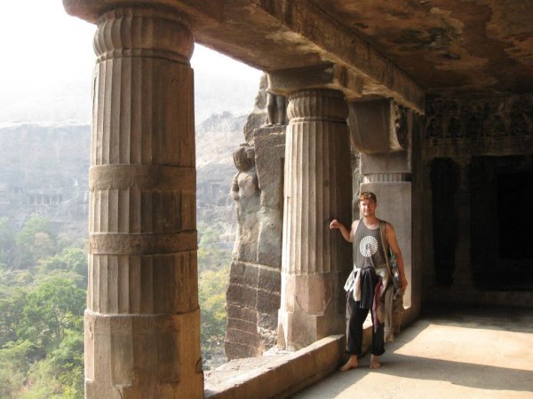 Posing outside an Ajanta temple cave