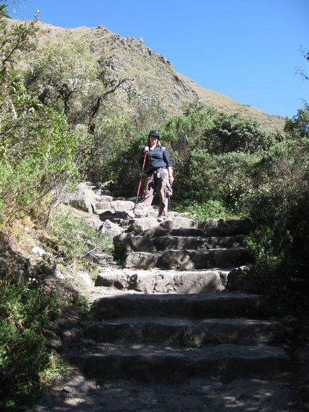 Climbing stairs on the second day of the inca trail