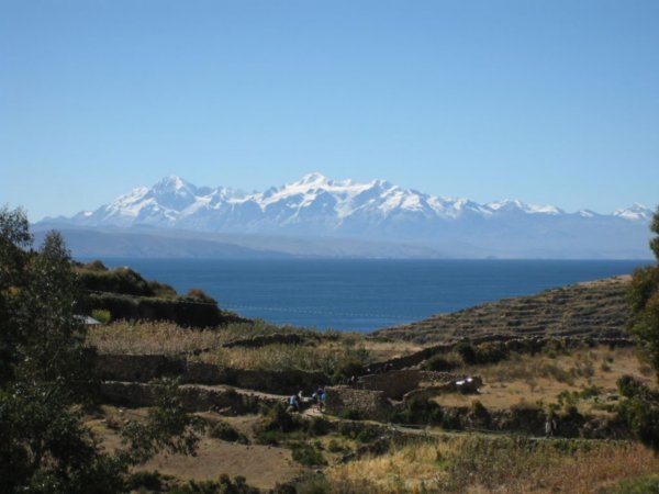 View of farm land and mountains on Isla del sol